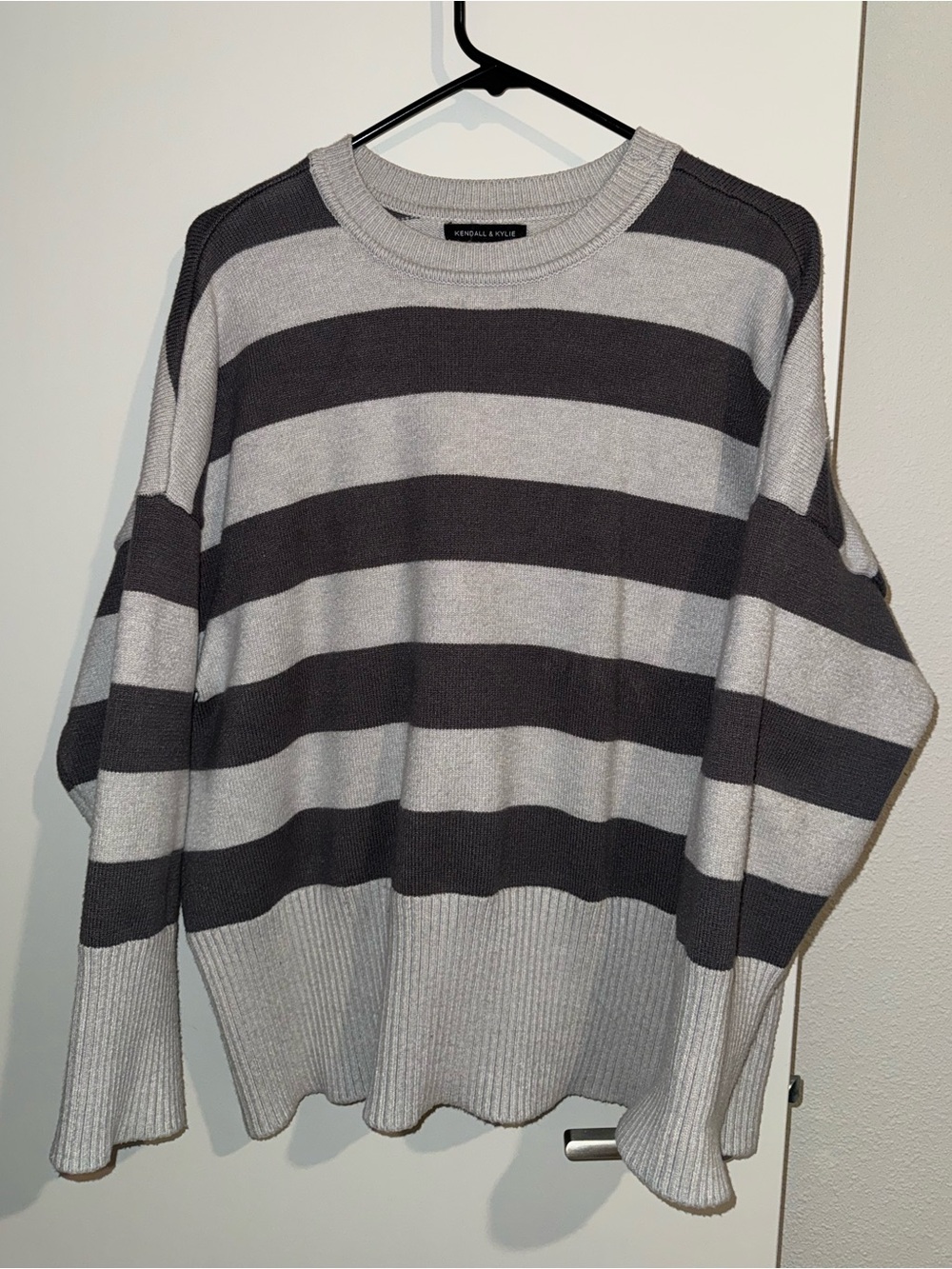 Kendall & Kylie Men's Light Gray and Charcoal Striped Crewneck Sweater